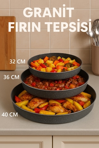 Granit Yanmaz Yapışmaz Tepsi Seti 32-36-40 Cm Fırın Tepsi 3'lü Set