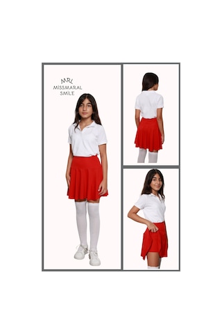 Kız Çocuk Okul Etek Kırmızı Yüksek Bel Içi Şortlu Likralı Kumaş Okul-oyun-spor-etkinlik Eteği Kırmızı