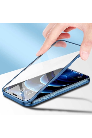 Apple Uyumlu iPhone 13 Kılıf 360 Tam Koruma Lüx Led Kapak Mavi