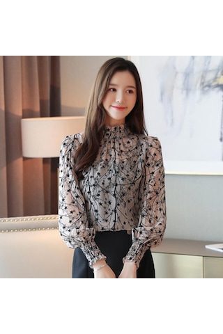 Moda Uzun Kollu Şifon Bluz Kadın Casual Tops Kadın Standı Yaka Ince Zarif Çiçek Gömlek Kadın Giyim Kayısı Açık Bej