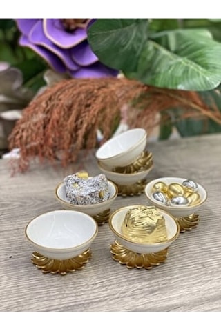 Elta Collection 4'lü Metal Ayaklı Mini Porselen Lokumluk Beyaz Gold