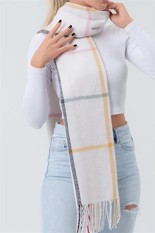 Neşeli Butik Ekru Yumuşak Dokulu Kare Çizgi Desenli Püsküllü Şal Atkı Nbaks036 Ekru