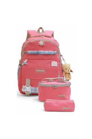 Relaxion 2144-1396 Kore Tarzı Unisex Çocuk Üçlü Set İlkokul Sırt Çantası Pembe