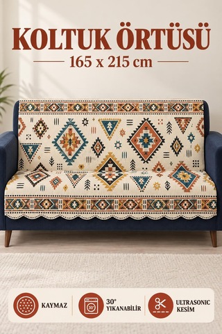 Çok Amaçlı Kadife Koltuk Örtüsü Kaymaz Süngerli 165x215 Cm Modern Bohem Çekyat Şalı Piknik Masa Örtüsü Alk15 krem