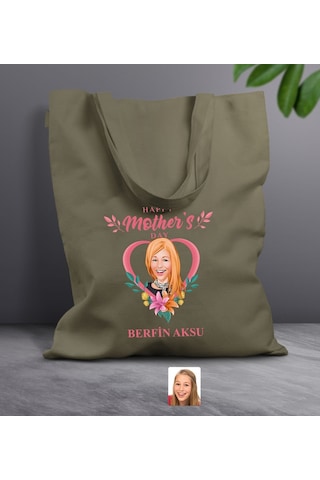 Bk Gift Kişiye Özel Anneler Günü Karikatürlü Haki Kumaş Bez Çanta, Baskılı Omuz Çantası, Alışveriş Çantası, Anneye Hediye-5 Haki