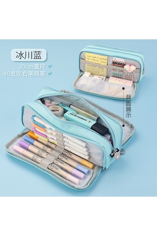 Aubyhe Özel Tasarım Çok Katlı Kanvas Kalem Çantası - Orta Ve İlkokul Öğrencileri İçin Büyük Kapasiteli Glasyer Mavisi Çift Pencereli Kalem Kutusu Açık Mavi