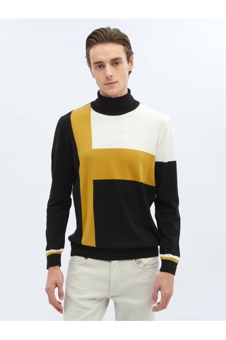 Siyah Tam Balıkçı Yaka Desenli Pamuk Karışımlı Triko 656011 Siyah