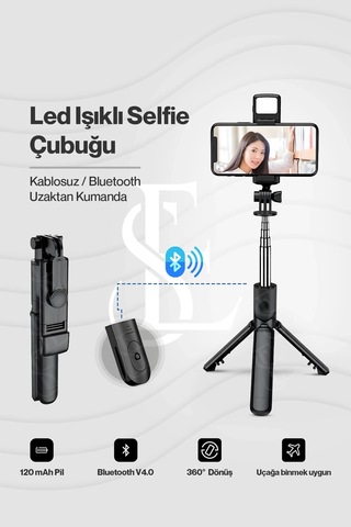 Led Işıklı Selfie Çubuğu Bluetooth Kumandalı Kablosuz Tripot Selfie Monopod Selfie Stick Siyah Diğer