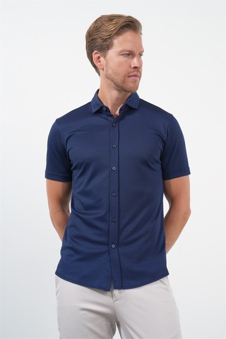 İmza Lacivert İtalyan Yaka Kısa Kol Cepsiz Slim Fit Pamuklu Gömlek 1004260158