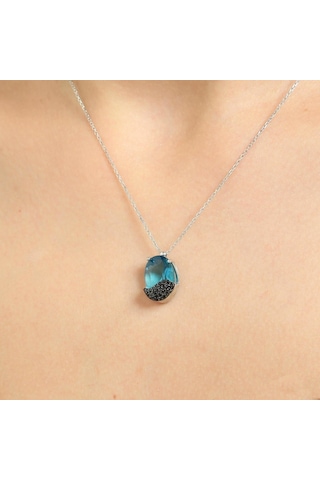 925 Ayar Gümüş Akuamarin Kolye, Beyaz - Siyah Taş 63647718