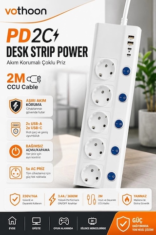 5 Li Akım Korumalı Çoklu Priz 2 Metre Kablolu 3680w 16a 5 Anahtarlı 2usb-a 2 Usb-c Pd 20w Hızlı Ftr-28 Diğer