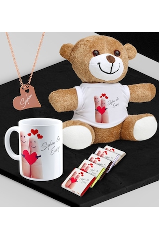 Kişiye Özel Sevgili Peluş Ayı Kupa Madlen Çikolata Ve Rose Kalp Kolye Set - 87