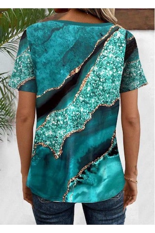 Leyla Sanat Sanata Yeni Bir Bakış Açısı Kadın Kısa Kollu V Yakalı Önden Düğmeli Baskılı Süprem Bluz Mavi