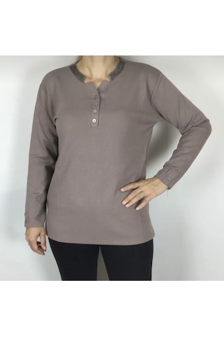 Yakası Taşlı Ve Düğmeli Spor Anne Bluz Bej