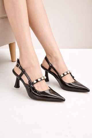 Modaonn Kadın Sivri Burun İnci Detaylı Slingback İnce Topuk Rugan Ayakkabı Kahverengi