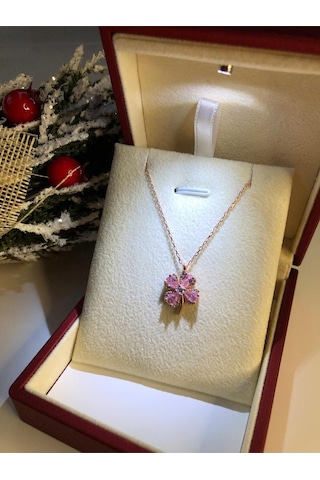 Pembe Taşlı 4 Yaprak Yonca 925 Ayar Gümüş Sevgiliye Eşe Anneye Arkadaşa İyi Şans Kolyesi
