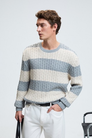 BRAID Erkek Yuvarlak Yaka Saç Örgü Desenli Regular Fit Grimelanj - Bej Kazak