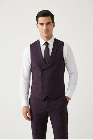 Bihan Store Erkek 6 Drop Slim Fit Yelekli Takım Elbise Çift Yırtmaç Altın Kuş Gözü - Mürdüm