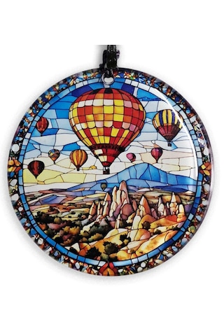 30 Cm Çap - Kapadokya Ve Balon Vitray Görünümlü Cam Duvar Süsü