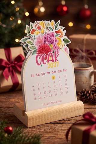 Ahşap Standlı Özel Kesim Çiçek Buketi Tasarımlı 2027 Masaüstü Takvimi 8x12 Cm - Romantik Yeni Yıl Hediyesi Çok Renkli