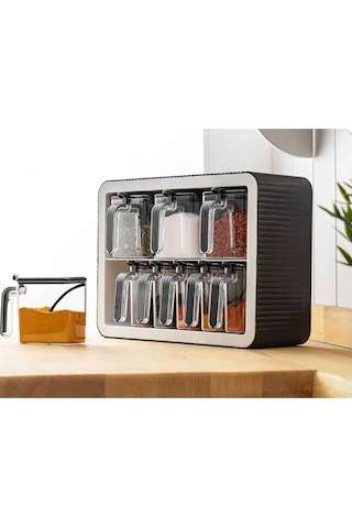 9'lu Baharatlık Takımı Standlı Kendinden Yapışkanlı Kaşıklı Ve Kapaklı Baharatlık Seti Çok Renkli