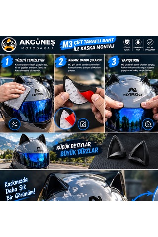 Kask Kedi Kulağı Abs Plastik Evrensel Kask Aksesuarı M3 Çift Taraflı Bantlı Mat Siyah