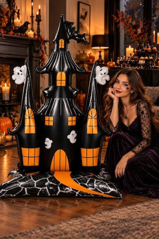 Halloween Cadılar Bayramı Ayaklı Perili Şato Folyo Balon 106 Cm Siyah Turuncu Hayaletli Oda Süsü Çok Renkli