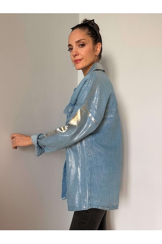 Ali Butik Mavi Renk Gümüş Varaklı Denim Oversize Gömlek Mavi