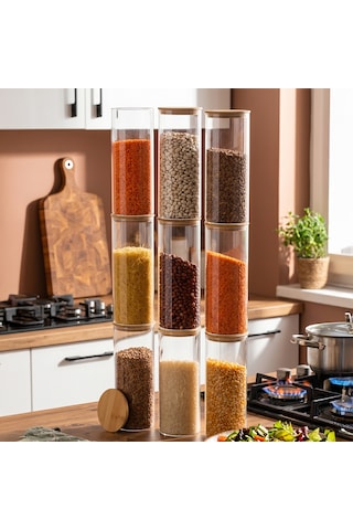 Porsima 3-3 Bambu Vakumlu Kapaklı Yuvarlak Borosilikat Cam 9lu Kavanoz Seti Saklama Kabı 1650ml 10x25cm Şeffaf