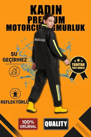 Abluka Online Kadın Premium Motorcu Kurye Yağmurluk Takım Su Geçirmez Pvc Reflektörlü Siyah