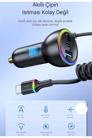 70w Yaylı Şarj Kablolu 3 Girişli Type-c Ve Usb Hızlı Ce Lisanslı