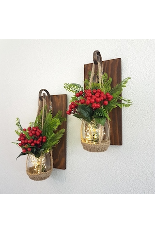 Duvar Dekoru, Led Işıklı, Kokina Yılbaşı Çiçeği, Ceviz Aplik İkili Set