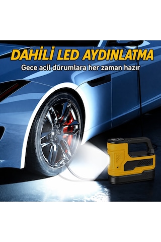 Araç Lastik Hava Kompresörü 150 Psı 12v Çakmaklık Girişli Taşınabilir Dijital Göstergeli Led Işıklı Hava Pompası Sarı