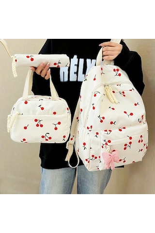 Maxaccess 3 Parça Sırt Çantası Seti Kiraz Desenli Okul Çantası + El Çantası + Kalem Kutusu Siyah