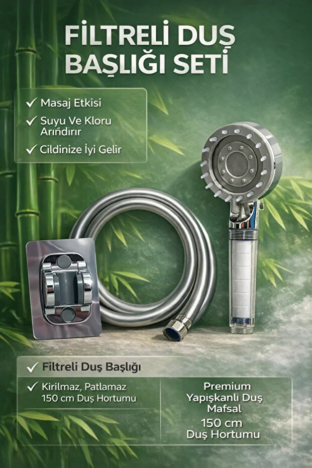 Filtreli Duş Başlığı Seti Hortumlu Yapışkanlı Mafsal Krom