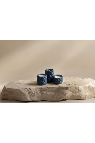 Kapitone Desen 3'lü Tealight Mumluk Seti - Mum Hediyeli Koyu Mavi