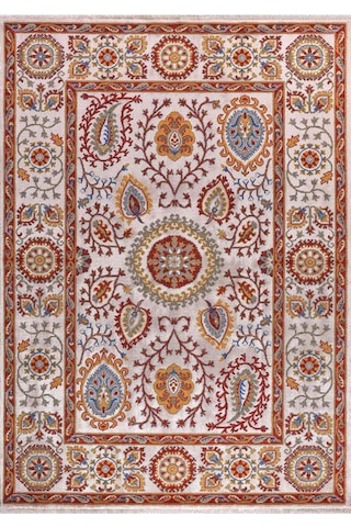 Çam Halı Funky 801 Stone Yün Ve Bambu İle Özel Tezgahlarda Üretilen Otantik Desenli El Emeği Modern Uşak Halısı Krem 2