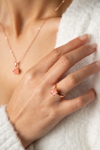 Kadın Rose Altın Kaplama Pembe Taşlı Lotus Çiçeği Kolye Yüzük  Set Rose Gold