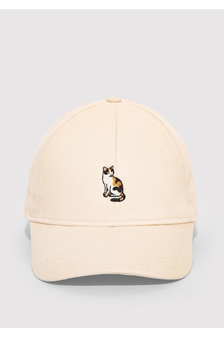 Mavi - Kedi Nakışlı Ekru Şapka 1914000-70057