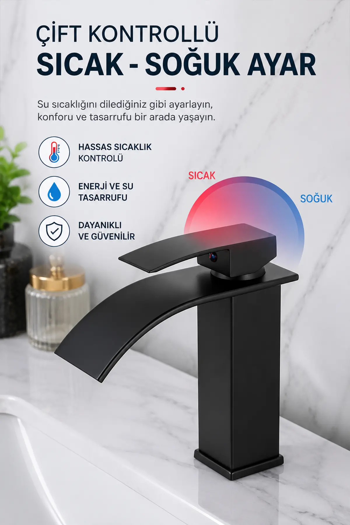Siyah Şelale Lavabo Bataryası Mat Siyah Kare Banyo Lavabo Musluğu Paslanmaz Gövde Tek Kollu Sıcak Soğuk Batarya