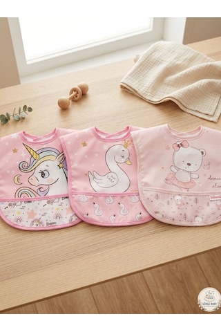 Gökçe Baby 3'lü Set Kısa Kollu Bağlamalı Ayarlanabilir Sıvı Geçirmez Aktivite ve Mama Önlüğü Pembe