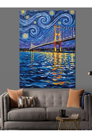 Van Gogh Yıldızlı Gece Köprü Soyut Dekoratif Kanvas - Mdf Ahşap Tablo