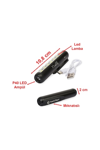 Mıknatıslı Şarjlı 4 Mod Aydınlatma Cep Feneri El Feneri Siyah
