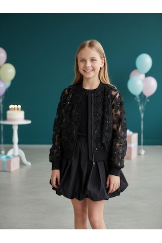 Zekids Kız Çocuk Çiçek İşlemeli Tasarım Bomber Ceket-16574 Siyah