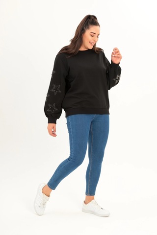 Aytemas Kolları Yıldız Taş Baskılı Sweatshirt Siyah