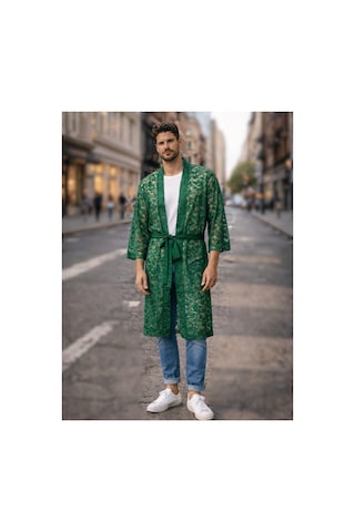 Qmen Style Erkek Kimono Takımı 3 Lü Dantel Set Bornoz + Pantolon + Şort Yeşil
