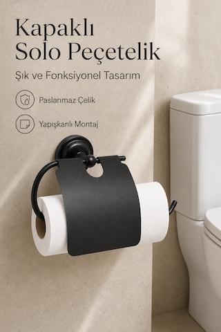 Kapaklı Tuvalet Kağıtlığı Havluluk Yapışkanlı Siyah Rulo Kağıt Peçetelik Delmesiz Paslanmaz Çelik Krom