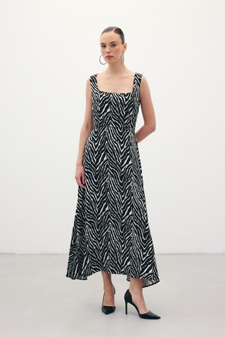 Sateen Kare Yaka Zebra Desenli Elbise - Siyah-136360 Siyah
