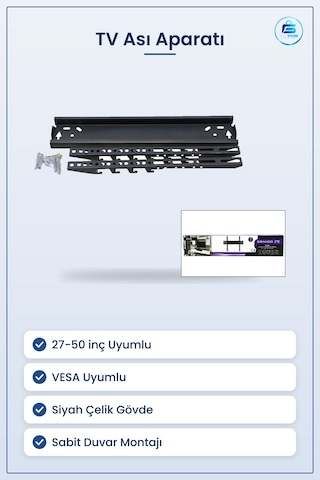 Tv Askı Aparatı Sabit İle 50 İnç Lcd Led 56x127 Cm Siyah Çelik Du