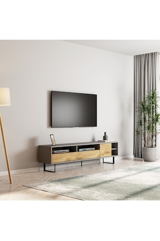 Luga Kapaklı Tv Ünitesi, Tv Sehpası - Metal Siyah Ayak - Gri/traverten - Sis Gri/kilim Sis Gri/kilim